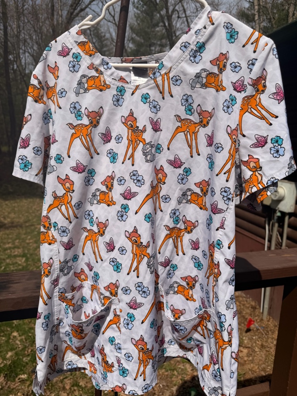 White Bambi Print Scrub Top with Pockets